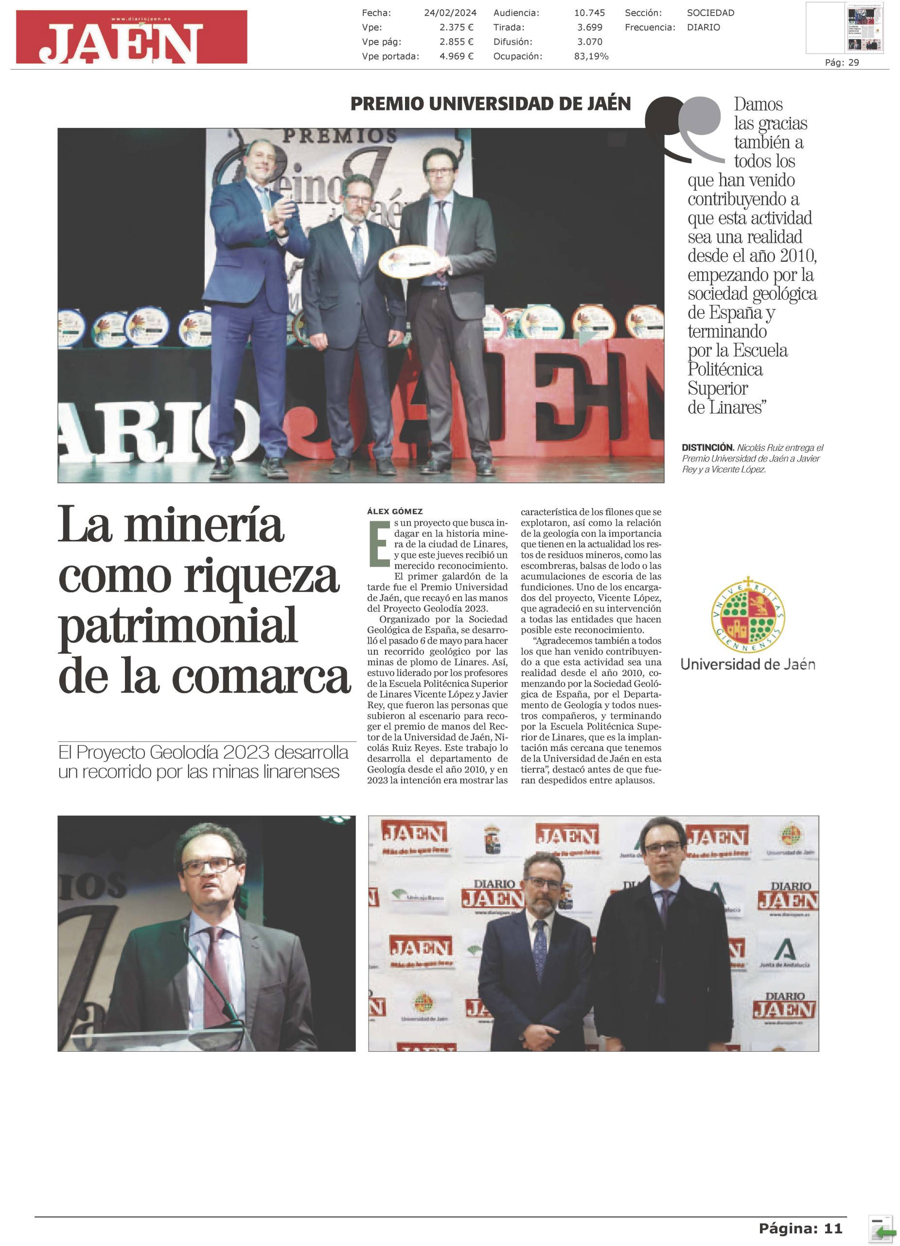 Premio Reino de Jaén al Geolodía 23 en su recorrido por la mina de plomo de Linares.